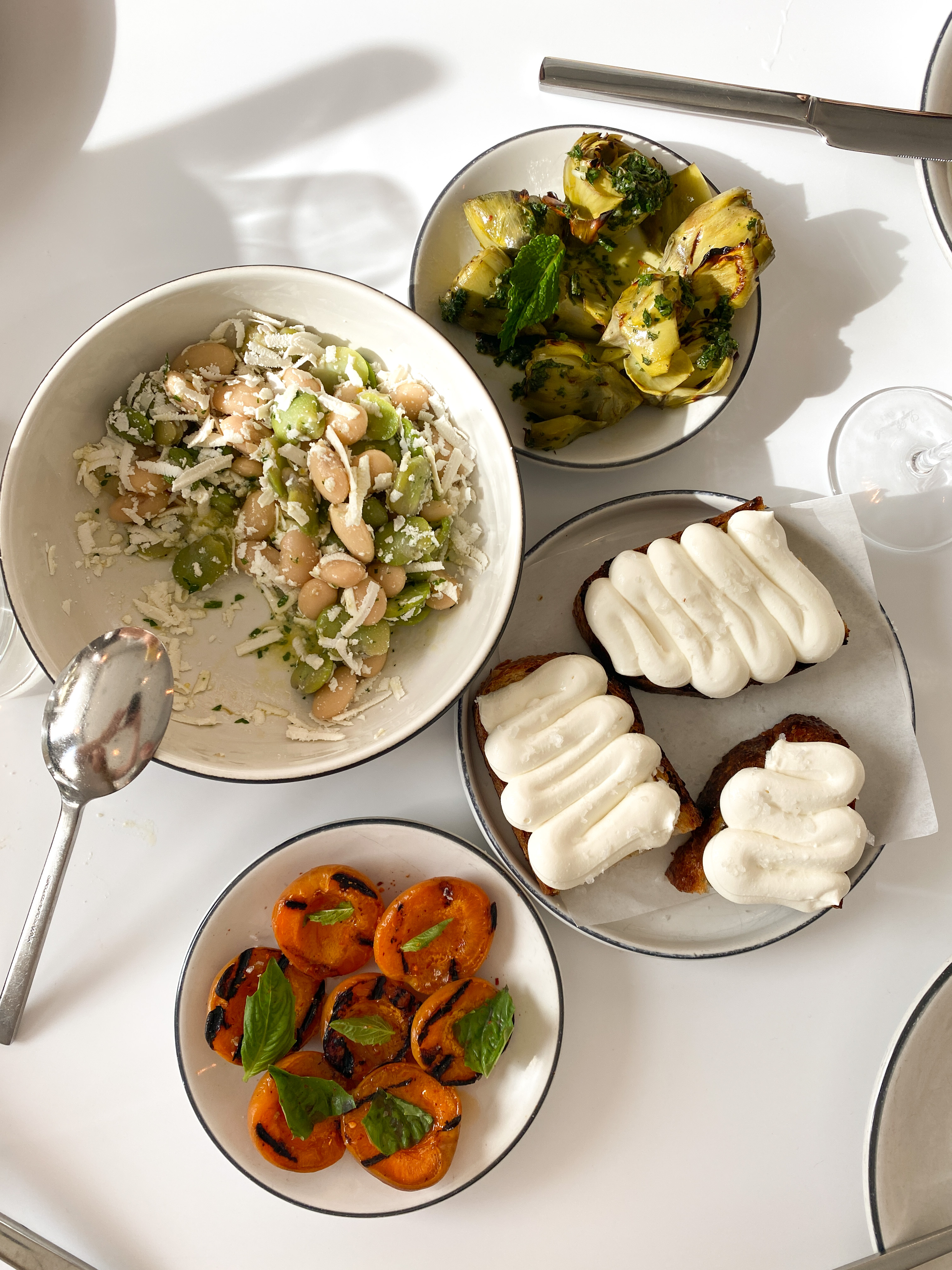 appetizer plates, whipped ricotta with grilled apricots, bean salad with fava and summer beans, grilled artichokes