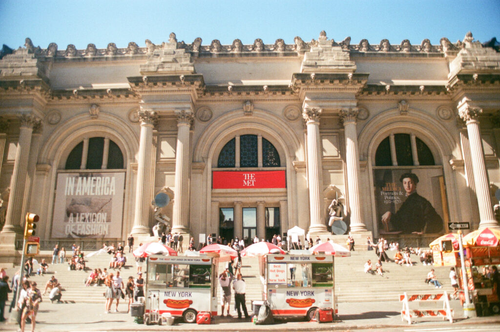 5th avenue view of the metropolitan museum of art in new york city shot on film