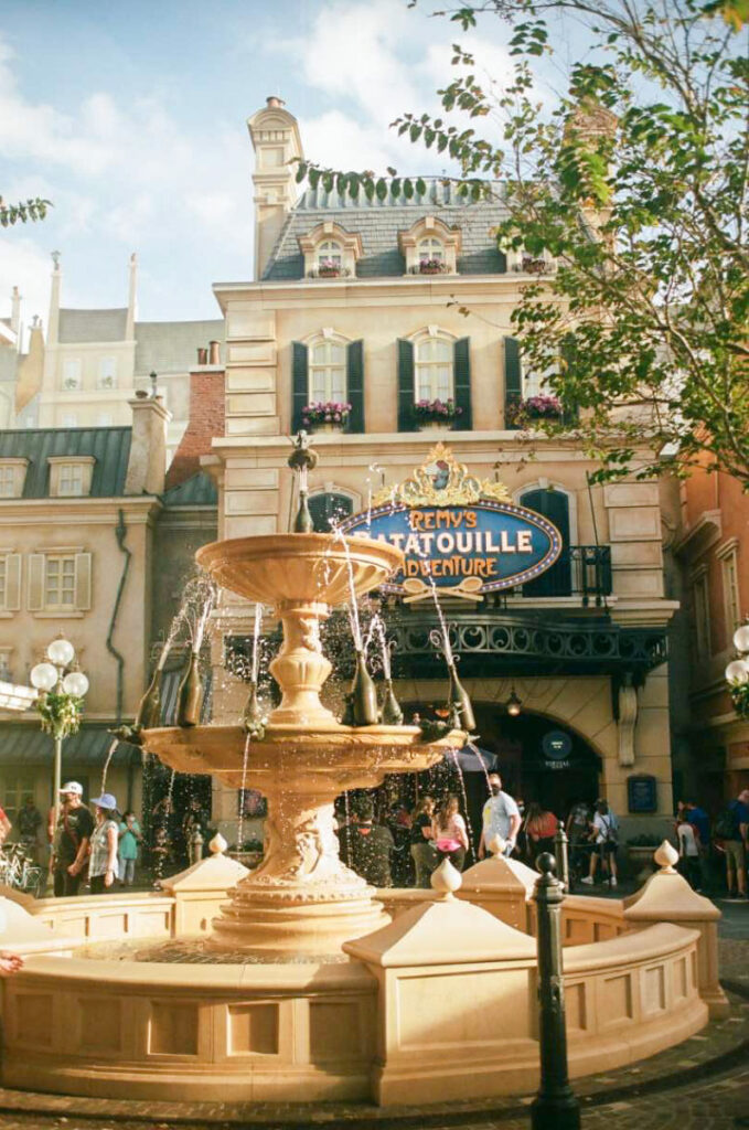 fountain outside of the Ratatouille ride at Epcot at Walt Disney World