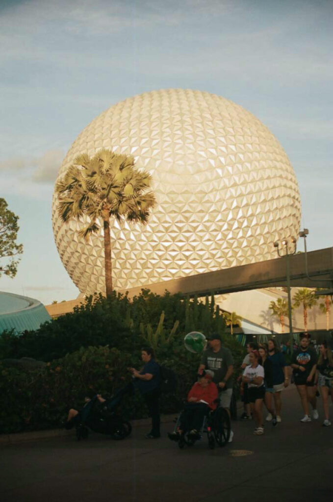 Photo of iconic Spaceship Earth geodesic sphere during golden hour at Epcot at Walt Disney World in Orlando